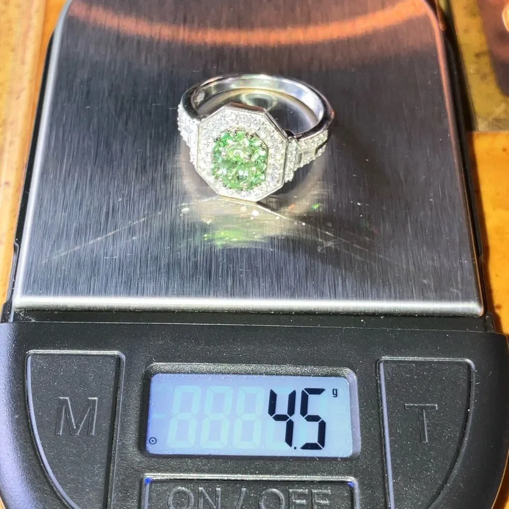 Natural Tsavorite Garnet Moissanite Sterling Silver Ring Size 8